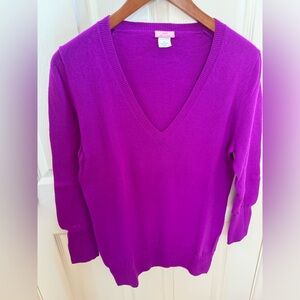 J. Crew vibrant purple cashmere sweater with lattice stitching along sleeves/hem